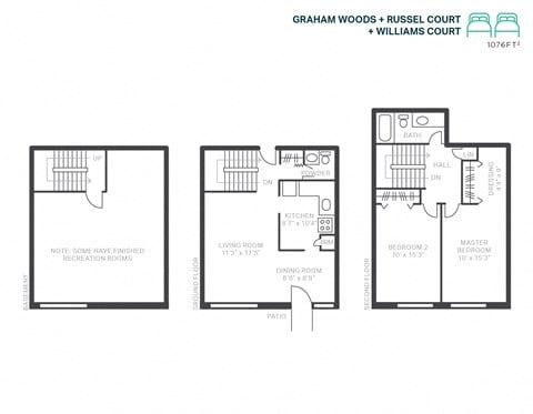 Floor plan for 2 beds, 1.5 baths, 1076 sqft